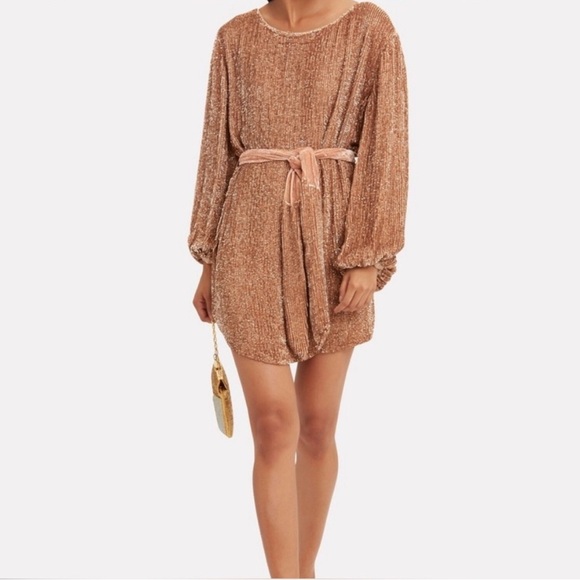 Retrofete Grace Sequin Long Sleeve Mini Dress with Velvet Tie Belt Bronze SizeXS - Picture 4 of 14